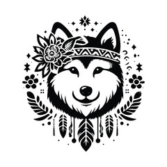 shiba dog in bohemian black and white silhouette illustration