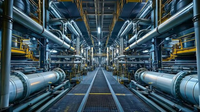 Large piping inside of industrial power plant, Industrial factory interior featuring state of machinery, Steel large chrome pipes, Equipment	
