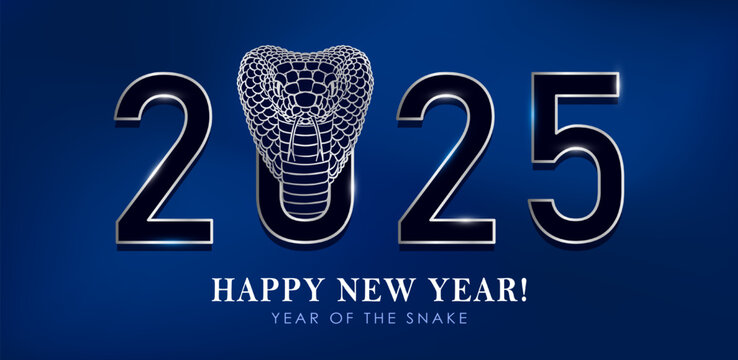 Banner with shiny number 2025 with a silver linear cobra's head emerging from the center "0" on dark blue background. Happy New Year and Merry Christmas! Greeting card for Chinese Year of the Snake.