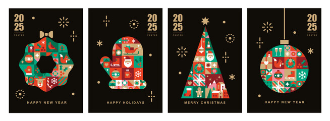 Christmas card templates. Icons in abstract modern geometric flat style. Winter poster set. Christmas wreath, Christmas tree and Christmas mitten. Bauhaus design. Happy holidays. Vector illustration.