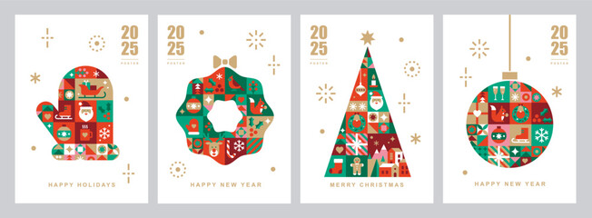 Christmas card templates. Icons in abstract modern geometric flat style. Winter poster set. Christmas wreath, Christmas tree and Christmas mitten. Bauhaus design. Happy holidays. Vector illustration.