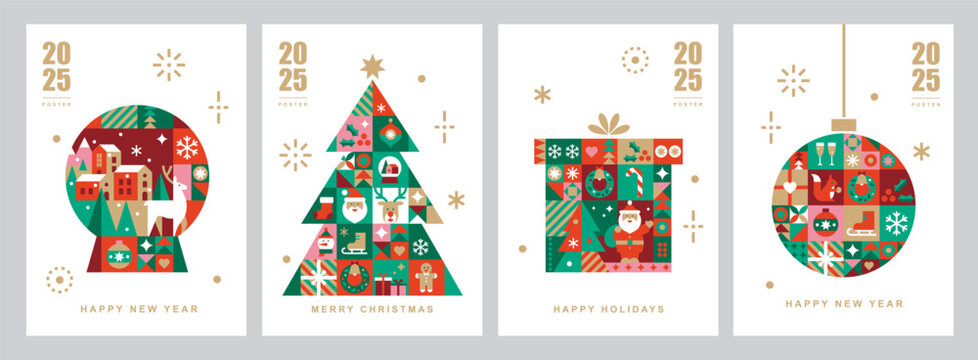 Christmas card templates. Winter icons in abstract modern geometric flat style. Snow globe, Christmas tree and Christmas box. Bauhaus design. Happy holidays. Seasons greetings.Vector illustration set.