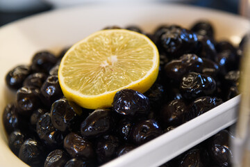 Close-up of Black Olives at Hotel Restaurant Buffet..