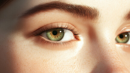 Naklejka premium Close up of womans sparkling eyes showcasing subtle makeup, highlighting natural beauty and detail of her features. captivating green hue draws attention and evokes emotion