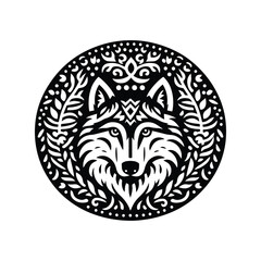 Fototapeta premium Wolf in folk art black and white silhouette illustration