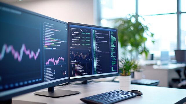 Two computer monitors displaying code and a stock chart on a desk in a modern office.
