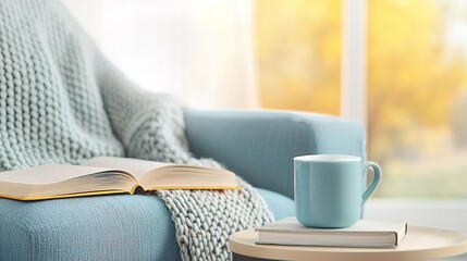 Cozy armchair with a book, blanket, and coffee by the window.