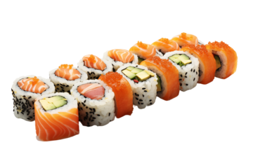 Sushi on transparent background. Sushi themes. Asian cuisine themes. Asian restaurant. Sushi making. PNG cut out. Image for graphic designer. Image for flyers.