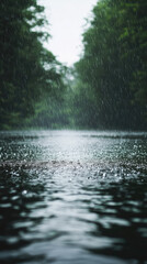 Fototapeta premium A serene downpour over calm river creates tranquil atmosphere