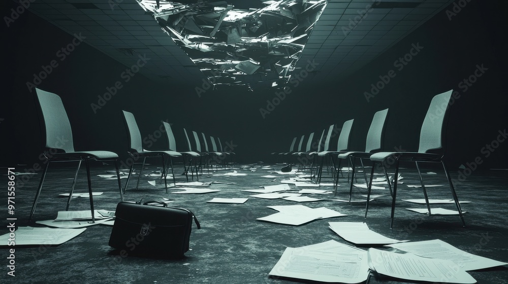 Poster empty chairs in office: a series of empty office chairs floating in a dark, empty space, with a few 