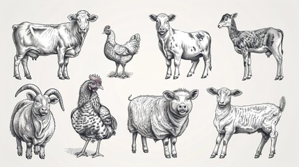 Animals meet types ink illustrations set, hand drawn illustrations of cow, chicken, pig, sheep, goat and duck. Domestic farm animals isolated on white background, vector illustrations