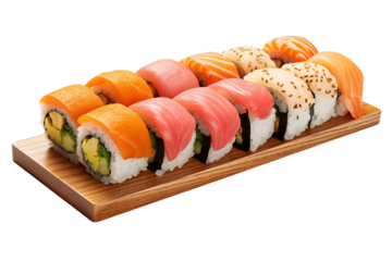 Sushi on transparent background. Sushi themes. Asian cuisine themes. Asian restaurant. Sushi making. PNG cut out. Image for graphic designer. Image for flyers.