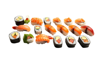 Sushi top view  on transparent background. Sushi themes. Asian cuisine themes. Asian restaurant. Sushi making. PNG cut out. Image for graphic designer. Image for flyers.