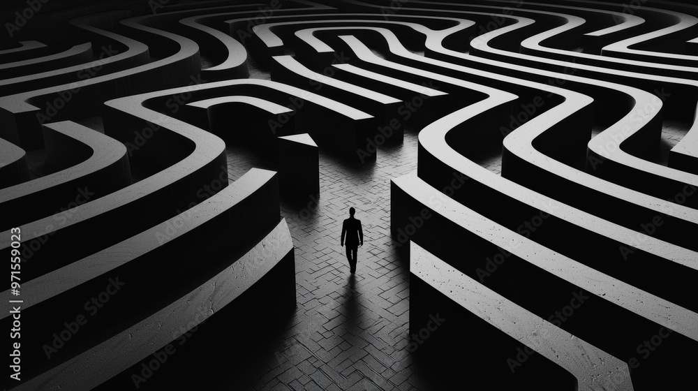 Wall mural endless maze: a person wandering through a massive, abstract maze that seems to shift and change, sy