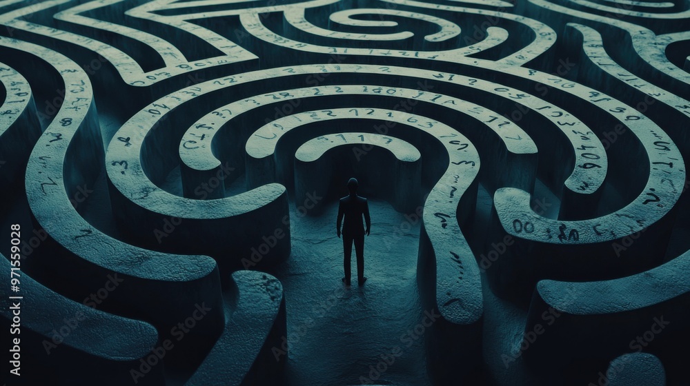 Poster endless maze of thoughts: a figure trapped in an abstract maze of swirling thoughts and question mar