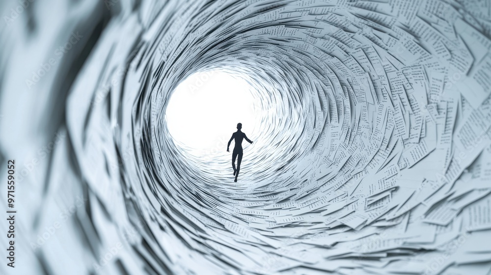 Poster endless tunnel of tasks: a figure running down a long tunnel, with abstract to-do lists and deadline