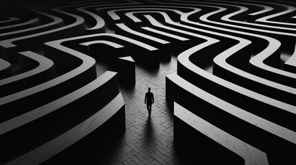 Endless Maze: A person wandering through a massive, abstract maze that seems to shift and change, symbolizing the feeling of getting lost or stuck while pursuing difficult goals that seem never-ending