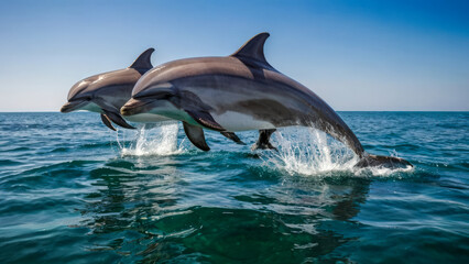 Fototapeta premium A group of dolphin jumping out of water creating a spray of water droplets.