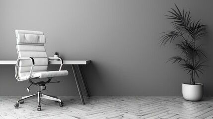 Office chair on wheels, gray table, gray wall and potted plant.