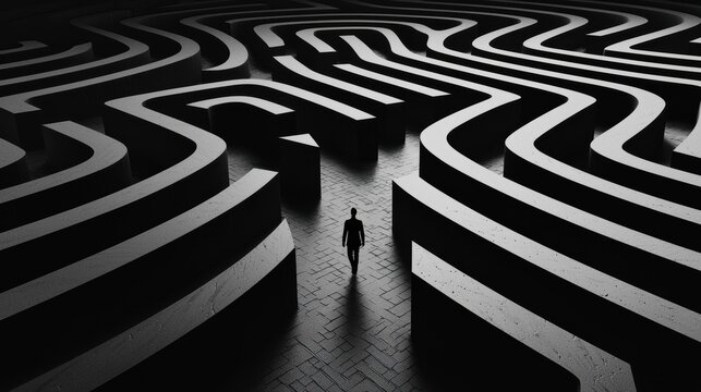 Endless Maze: A person wandering through a massive, abstract maze that seems to shift and change, symbolizing the feeling of getting lost or stuck while pursuing difficult goals that seem never-ending