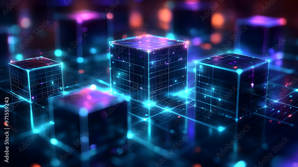 Poster abstract digital cubes with glowing lights, representing data and technology concepts.