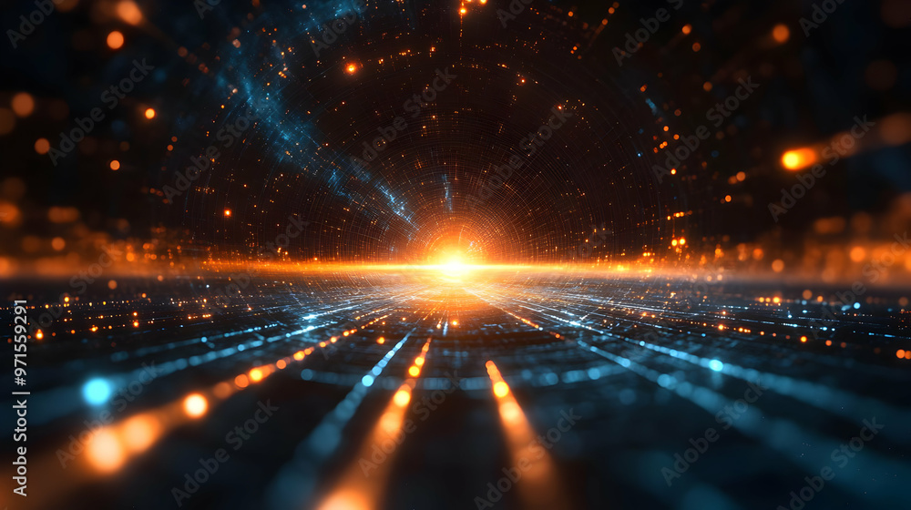 Aufkleber abstract digital landscape depicting a glowing horizon with dynamic light patterns.