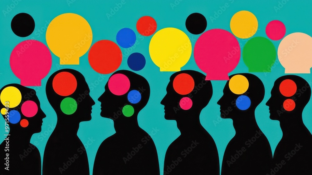 Poster evolving thought bubbles: people with thought bubbles above their heads, where each bubble is a diff