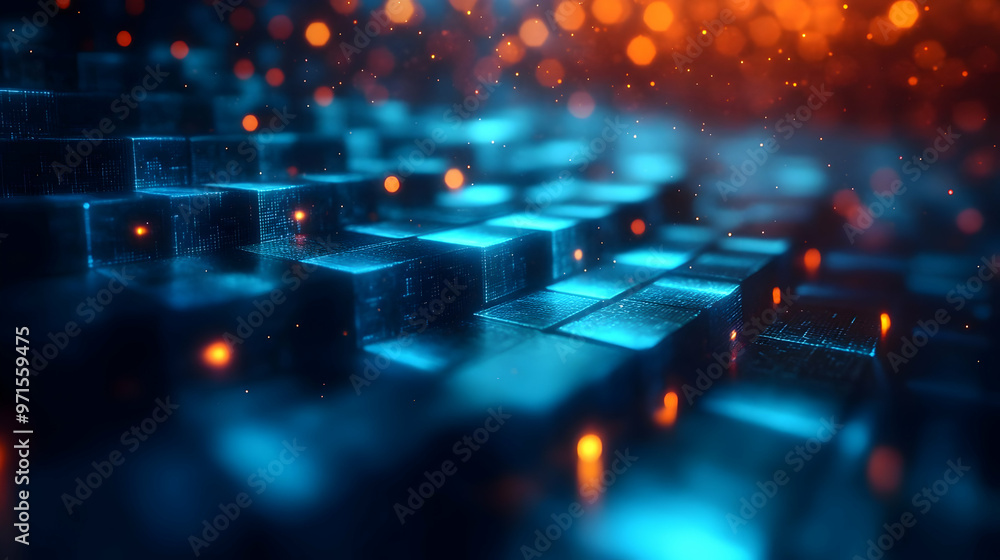 Aufkleber abstract digital landscape with glowing blocks and particles creating a futuristic atmosphere.