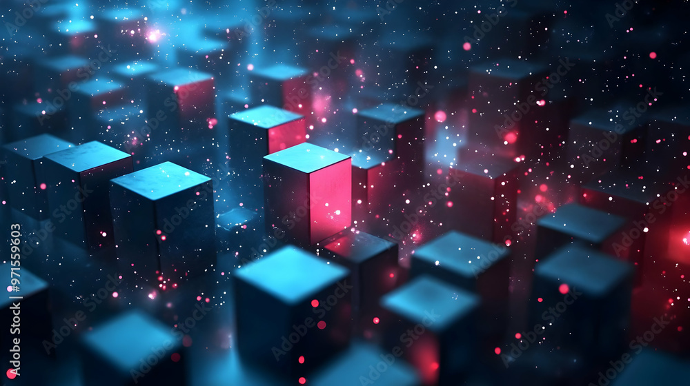 Poster abstract digital landscape with glowing cubes and particles.