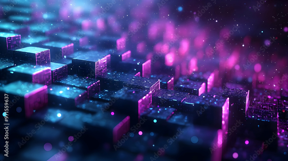 Poster abstract digital landscape with glowing cubes and particles in a vibrant color scheme.