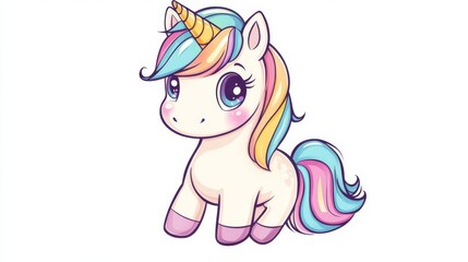 Cute cartoon baby unicorn with colorful mane and tail, featuring a pastel rainbow horn, sitting on white background.