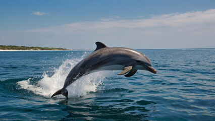 Fototapeta premium dolphin jumping out of water creating a spray of water droplets.