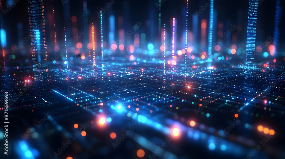 Poster abstract digital landscape with glowing lines and dots, representing data flow and technology.