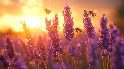 Obraz premium Sunset over a lavender field with bees buzzing around vibrant purple flowers, capturing the beauty of nature and pollination in golden light.