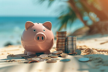 fun and vibrant photo of a pink piggy bank sitting near growing stacks of coins on a sunny beach day, representing the idea of saving for a secure retirement while enjoying a vacation.