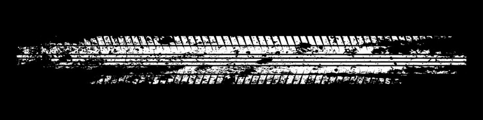 Grunge tire track, wheel braking marks. White truck, car or motorcycle tread pattern silhouette. Auto race, motorsport, speed racing design element. Vector illustration