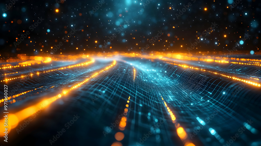 Poster abstract digital landscape with glowing lines and particles.