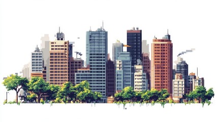 Illustration of a modern city skyline with high-rise buildings and green trees, showcasing urban architecture and cityscape design.