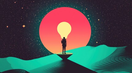 Fading Light of Potential: A figure standing on a platform holding a dimming lightbulb that represents talent, with the surrounding space filled with bright, unachievable stars