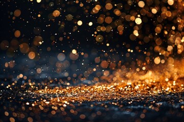Naklejka premium Golden glitter falling on a sparkly surface with bokeh effect