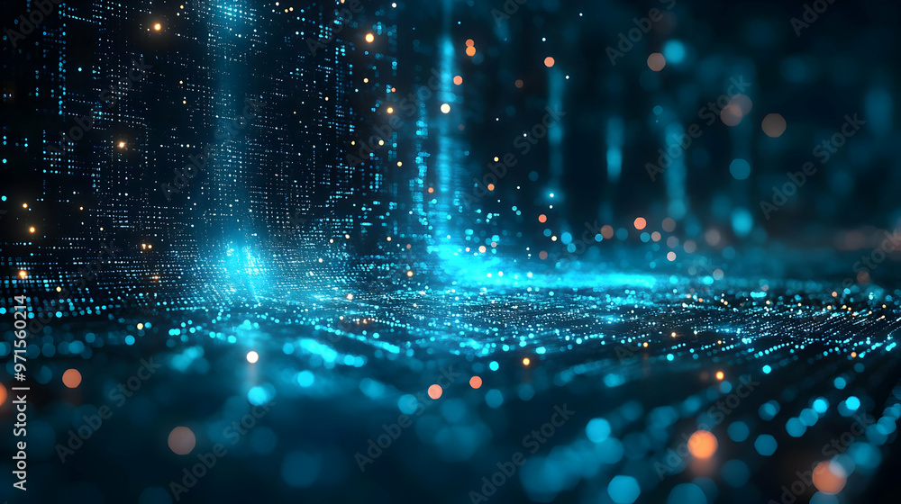 Poster abstract digital landscape with glowing particles and data visualization effects.