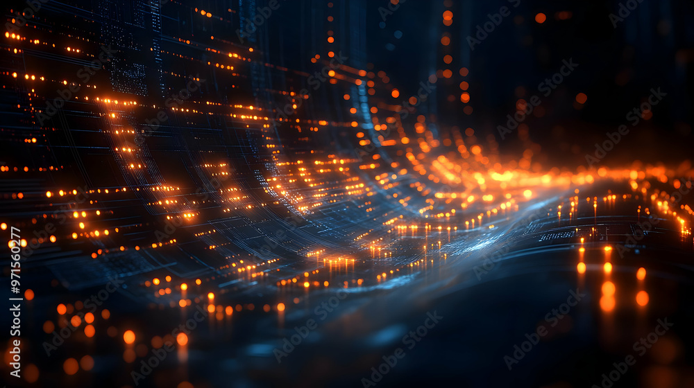 Aufkleber abstract digital landscape with glowing particles and lines, representing data flow.