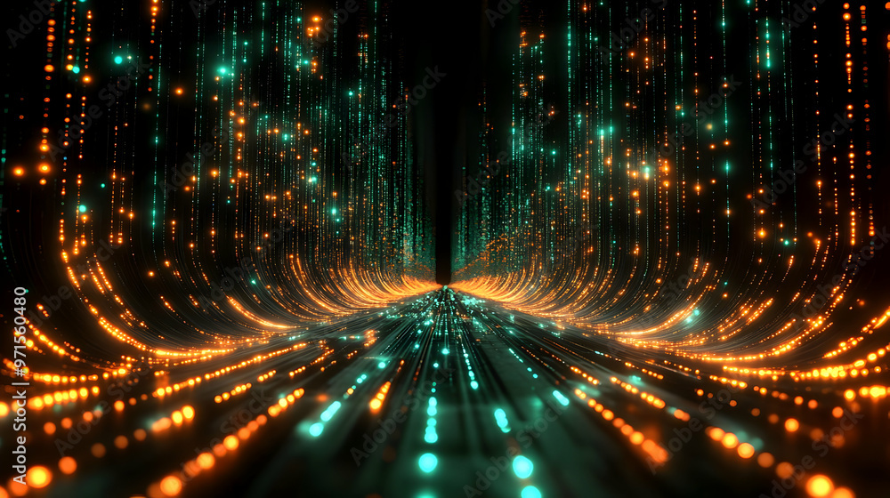 Poster abstract digital landscape with glowing particles creating a tunnel effect.