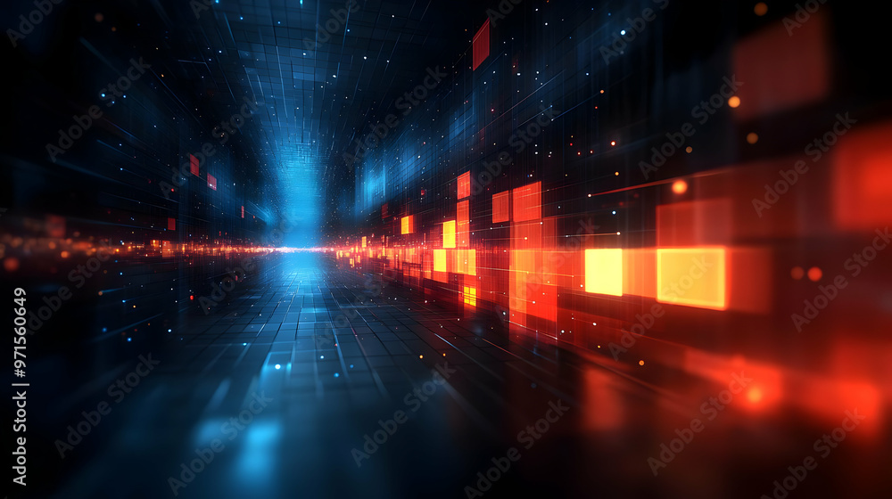 Poster abstract digital landscape with glowing pixels and lines, suggesting data flow and technology.