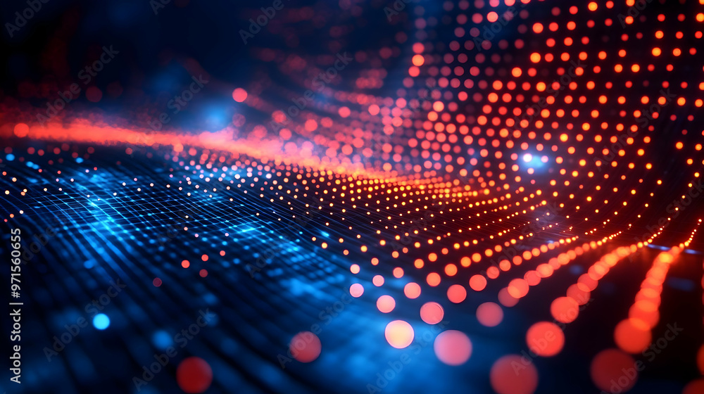 Poster abstract digital landscape with glowing red and blue dots creating a wave-like effect.