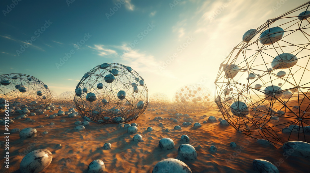 Poster Abstract scfi-fi landscape with connected 3D balls and molecular grid structure. Futuristic surreal abstraction.