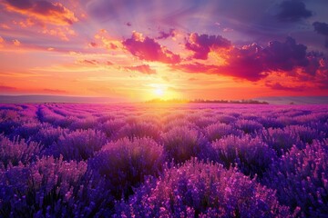 The sun is setting over a field of lavender