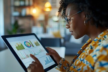 close-up shot of a businesswoman analyzing financial graphs on her digital tablet at her desk in the office.