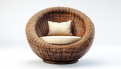 Wicker rattan swivel chair, round seat and backrest, brown color, white background