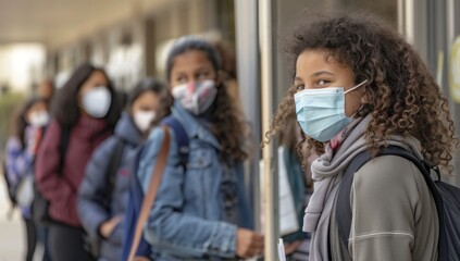 Group of school children students wearing face masks, carrying books and backpacks protective face mask as she stands amidst her peers in the bustling school hallway